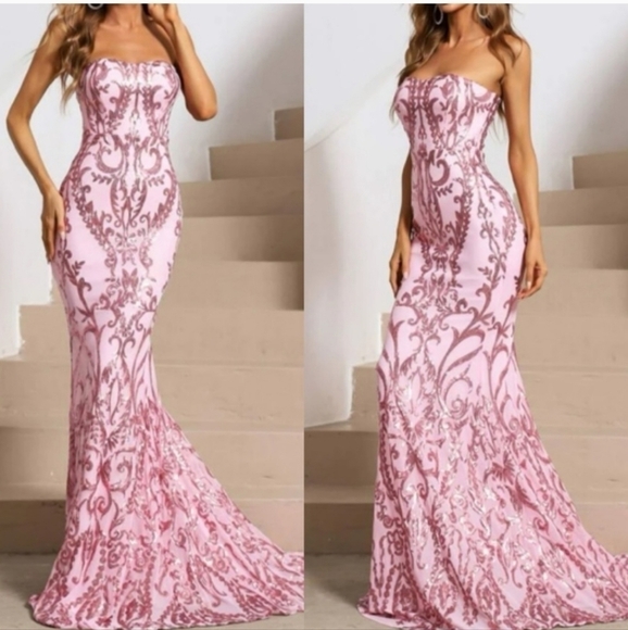 PINK MERMAID FLORAL EMBROIDERED PREMIUM BRAND AND QUALITY DRESS - Picture 5 of 16